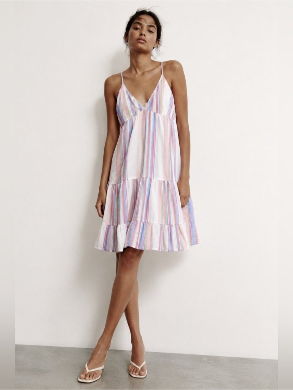 V By Very Pastel Stripe Tiered Sundress UK 10 Adjustable Strap Summer Dress